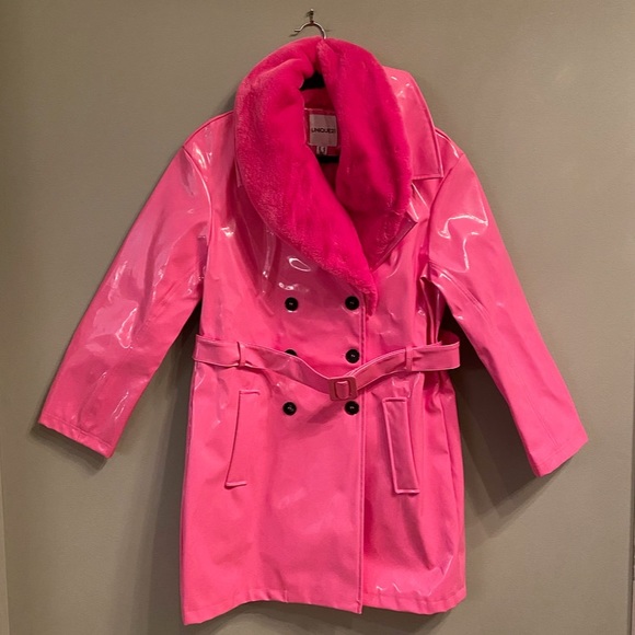 ASOS Unique21 Faux Fur Trim Vinyl Coat in Fuchsia, Size 12 - Picture 4 of 13